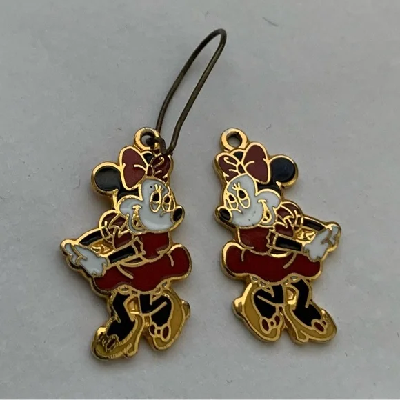 Vintage Disney Minnie Mouse Enamel Dangle French Wire Hook Earrings 2” 1995 - Picture 6 of 8
